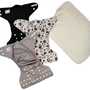 3 ALVABABY reusable cloth diapers Goth Black Gray Skulls with 6 inserts gently